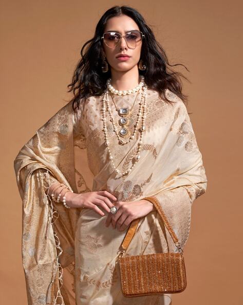 Vsaree Cream Banarasi Silk Golden Border With Banarasi Design Saree And Blouse