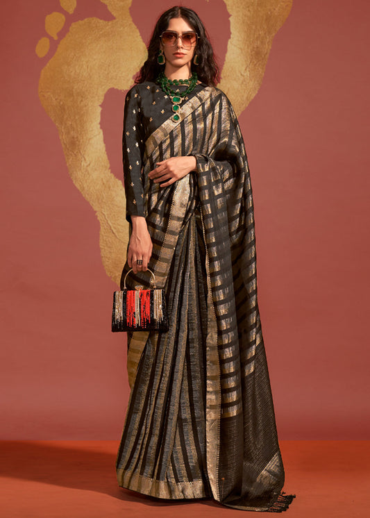 Vsaree Black Banarasi Soft Silk Golden Border With Banarasi Design Saree And Blouse