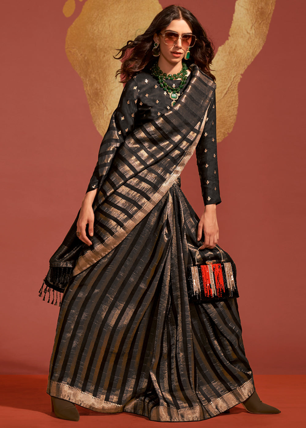 Vsaree Black Banarasi Soft Silk Golden Border With Banarasi Design Saree And Blouse