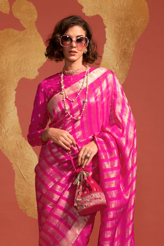 Vsaree Rani pink Banarasi Soft Silk Golden Border With Banarasi Design Saree And Blouse