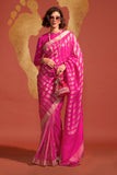 Vsaree Rani pink Banarasi Soft Silk Golden Border With Banarasi Design Saree And Blouse