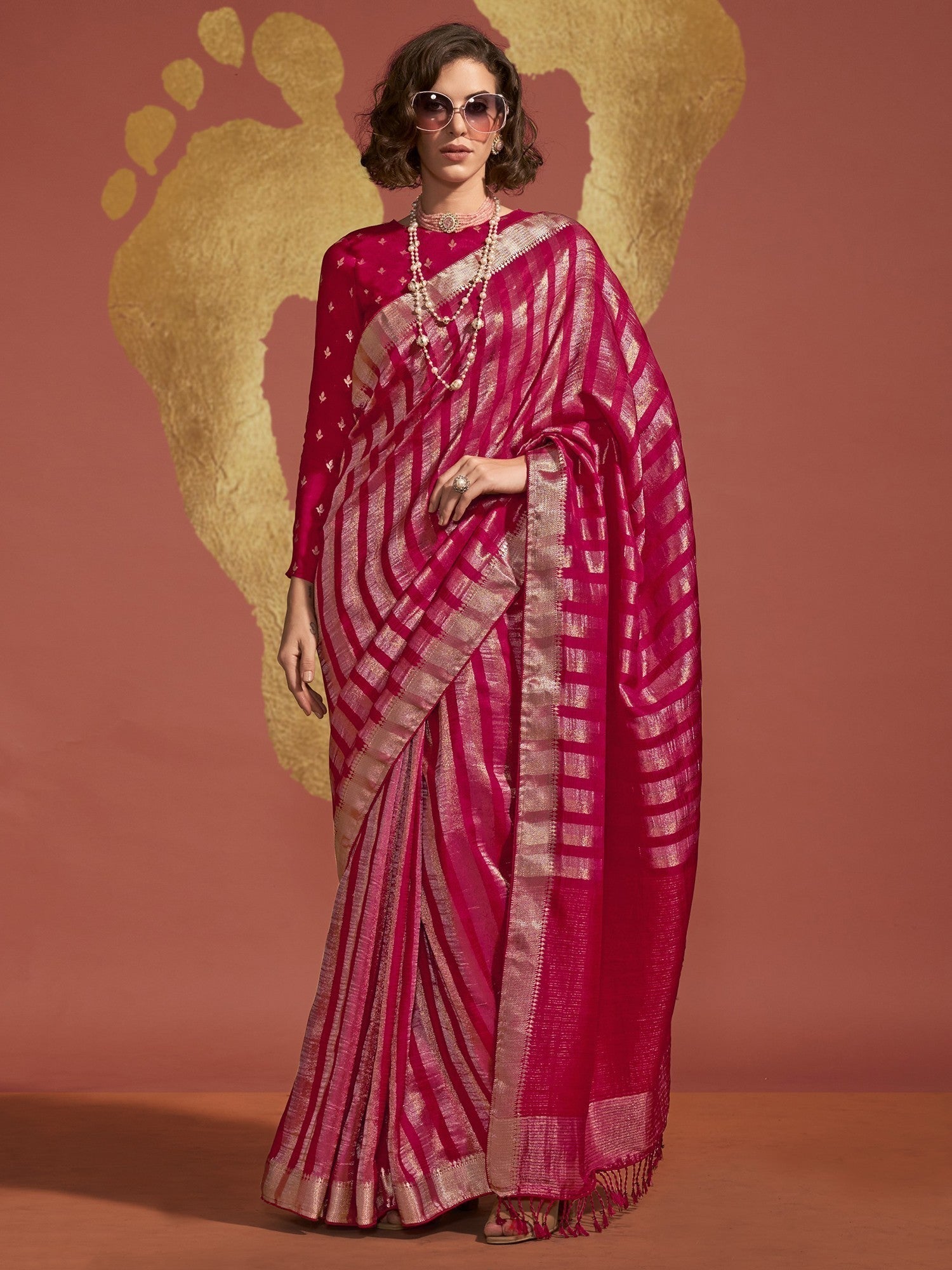 Vsaree Pink Banarasi Soft Silk Golden Border With Banarasi Design Saree And Blouse