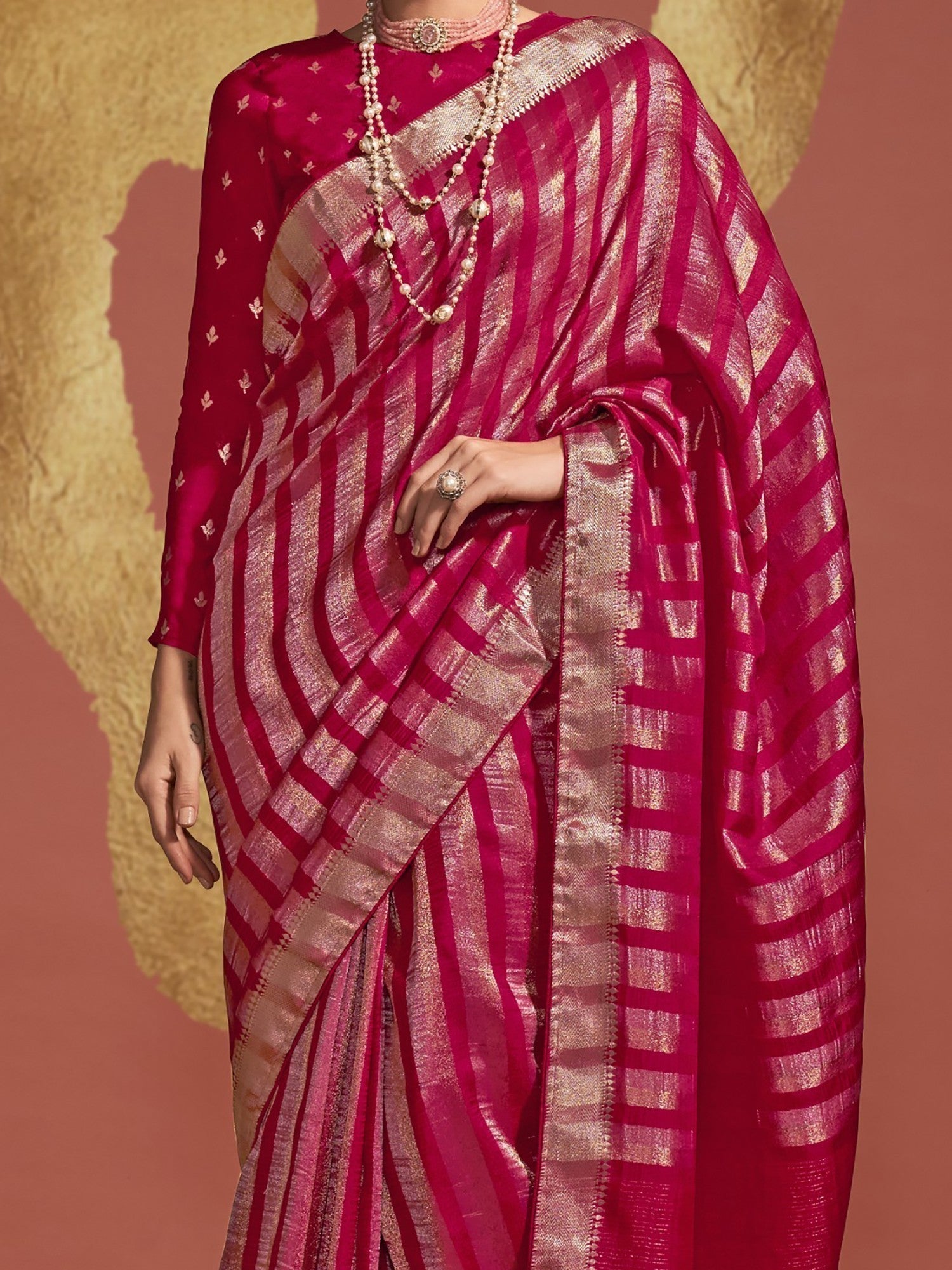 Vsaree Pink Banarasi Soft Silk Golden Border With Banarasi Design Saree And Blouse