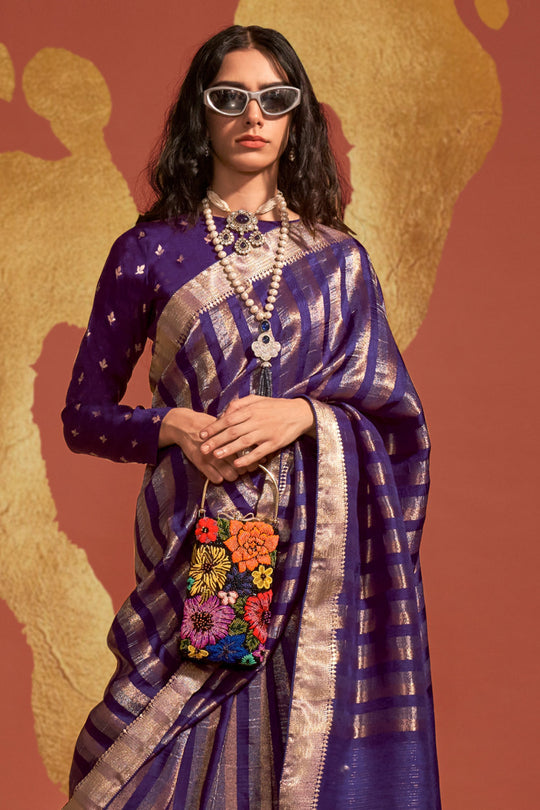 Vsaree Purple Banarasi Soft Silk Golden Border With Banarasi Design Saree And Blouse