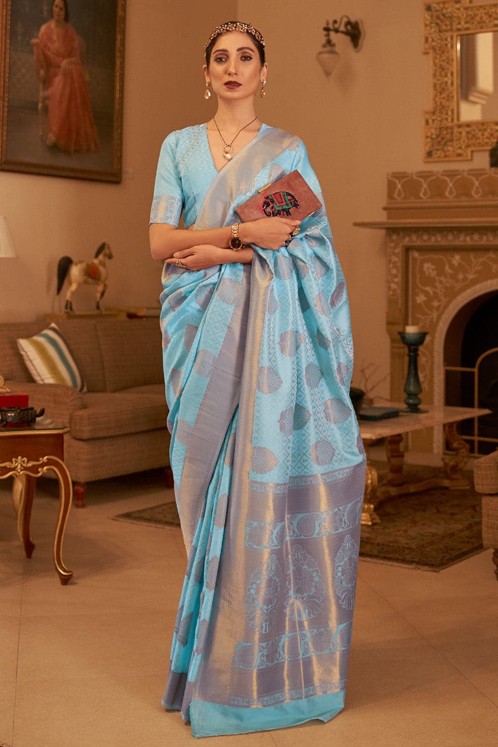 Vsaree Sky Blue Banarasi Tussar Silk Designer Saree With Banarasi Border And Blouse