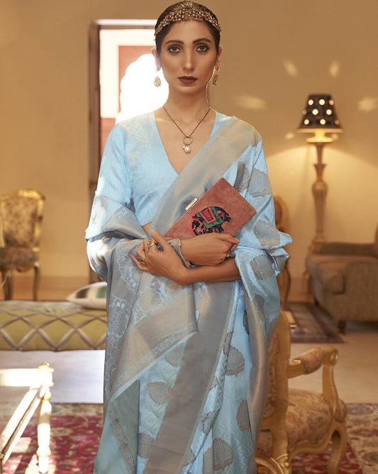 Vsaree Sky Blue Banarasi Tussar Silk Designer Saree With Banarasi Border And Blouse