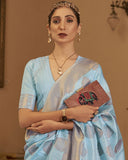 Vsaree Sky Blue Banarasi Tussar Silk Designer Saree With Banarasi Border And Blouse