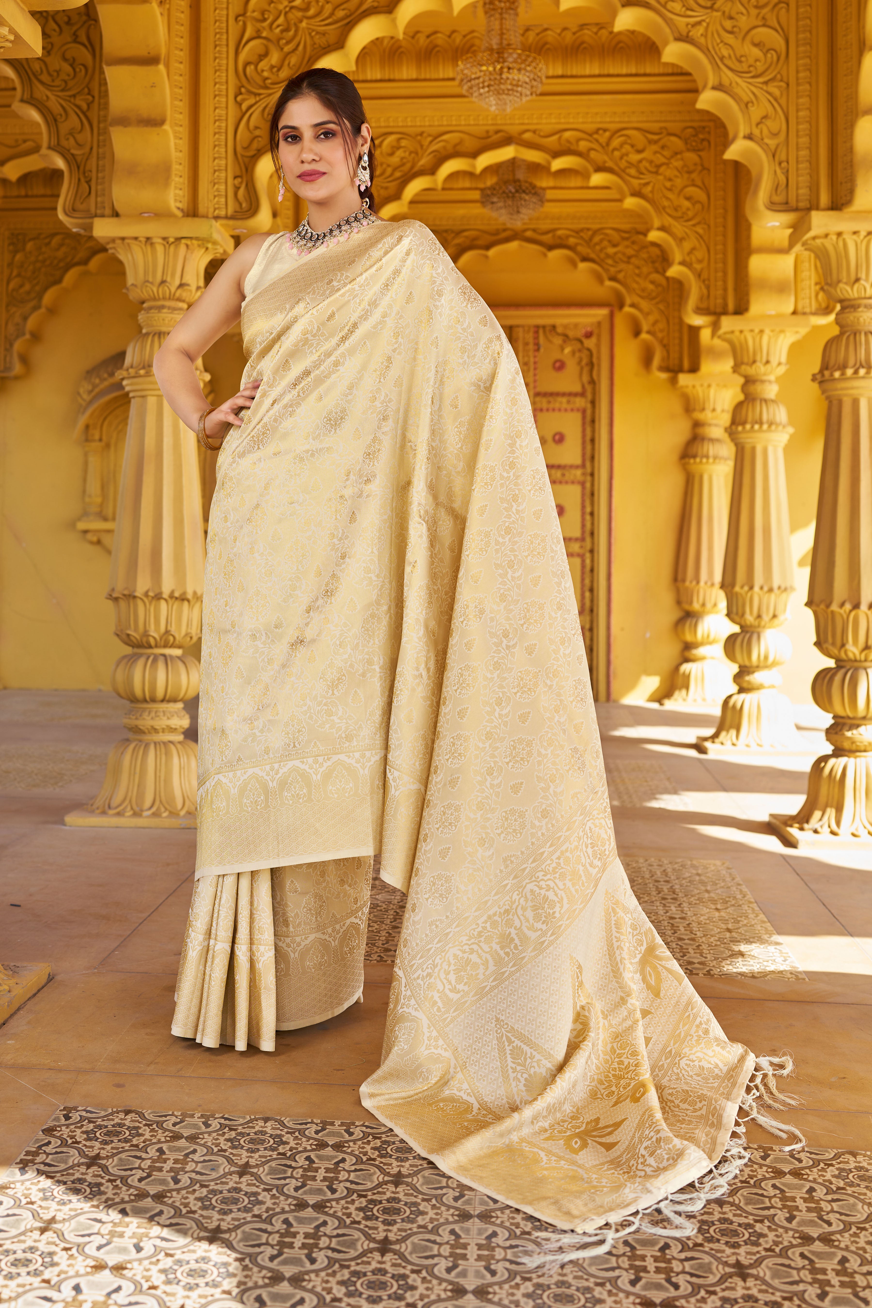 Designer Banarasi Soft Silk Saree With Pure Golden Zari Border And Blouse