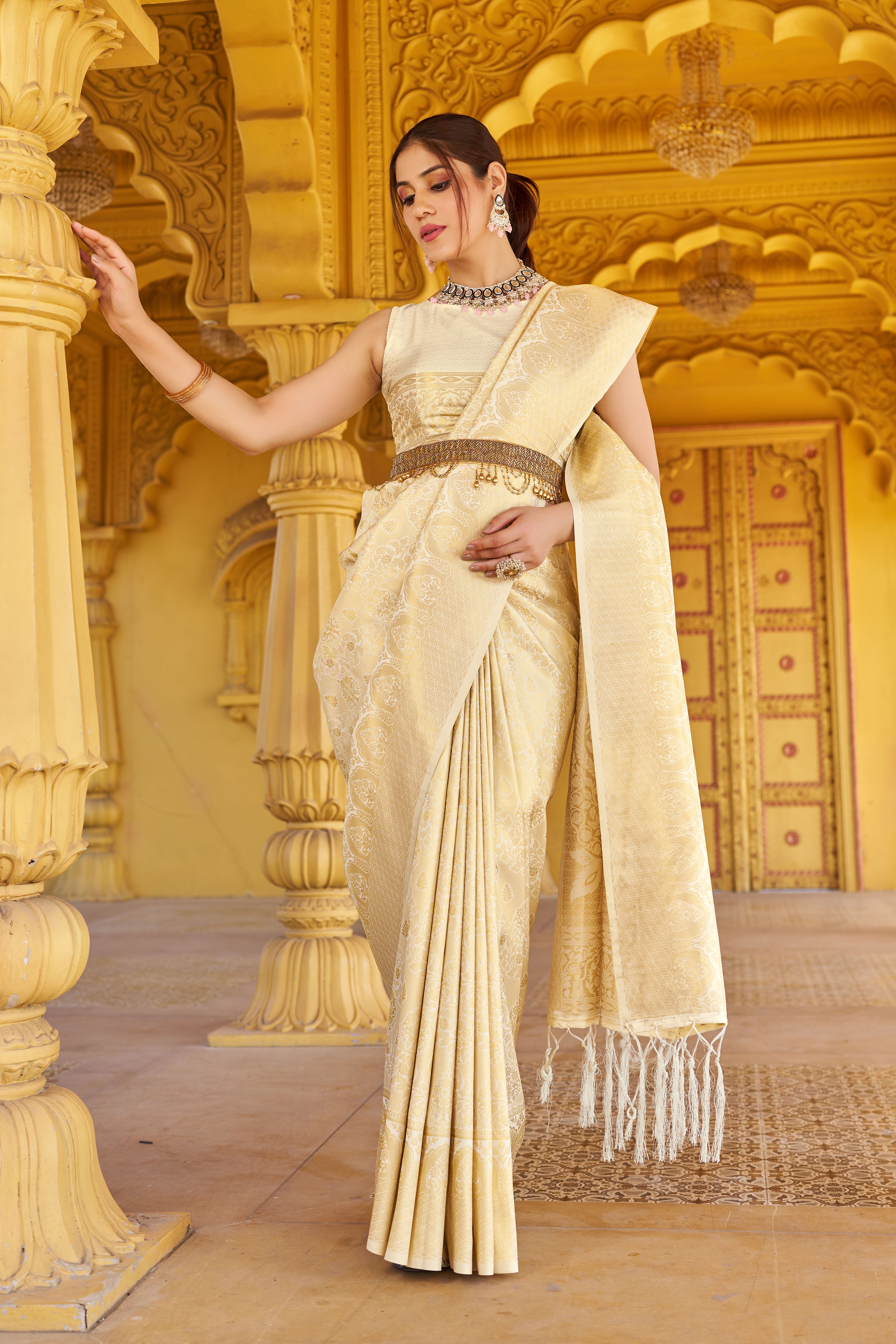 Designer Banarasi Soft Silk Saree With Pure Golden Zari Border And Blouse