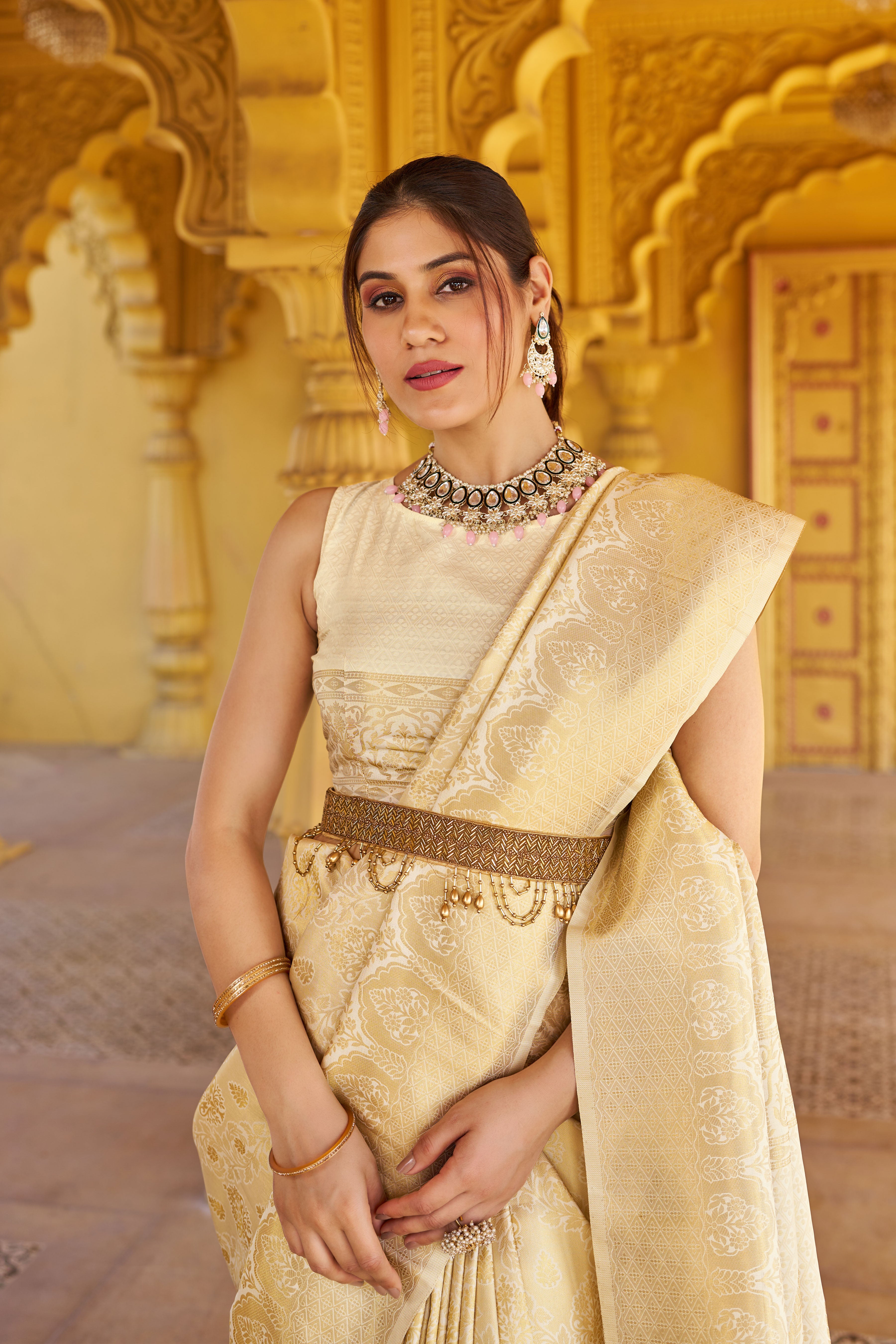 Designer Banarasi Soft Silk Saree With Pure Golden Zari Border And Blouse