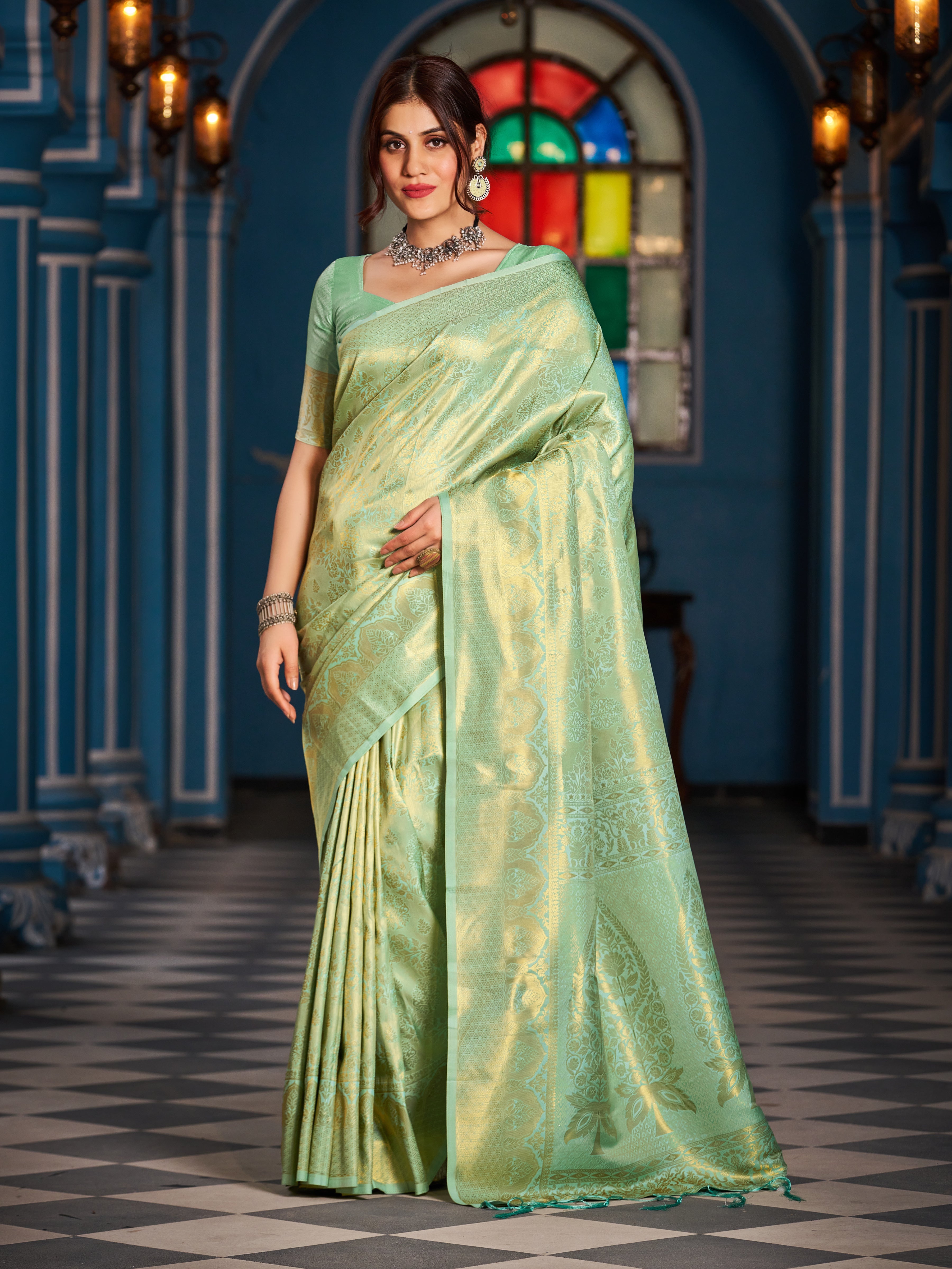 Designer Banarasi Soft Silk Saree With Pure Golden Zari Border And Blouse