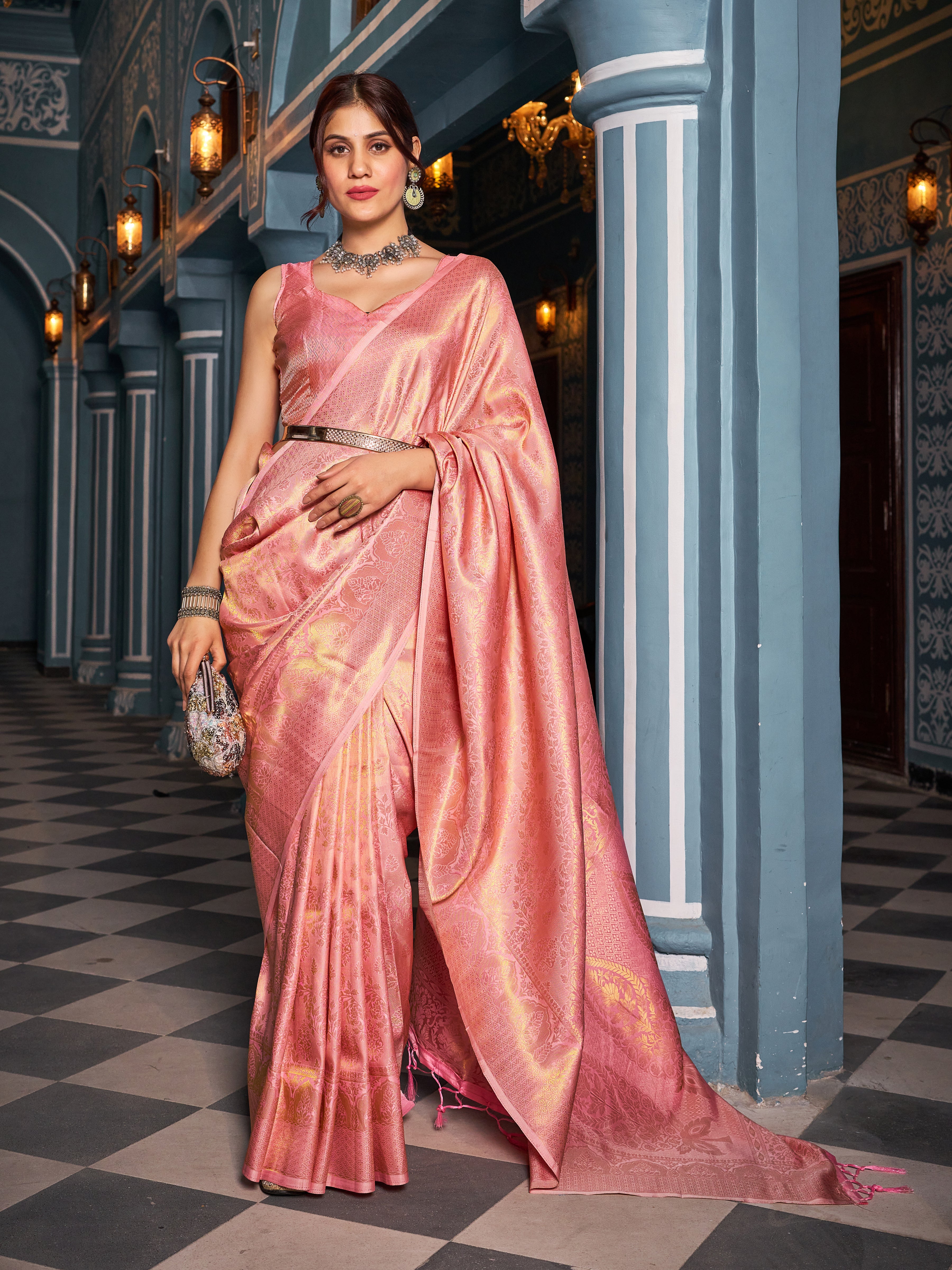 Designer Banarasi Soft Silk Saree With Pure Golden Zari Border And Blouse