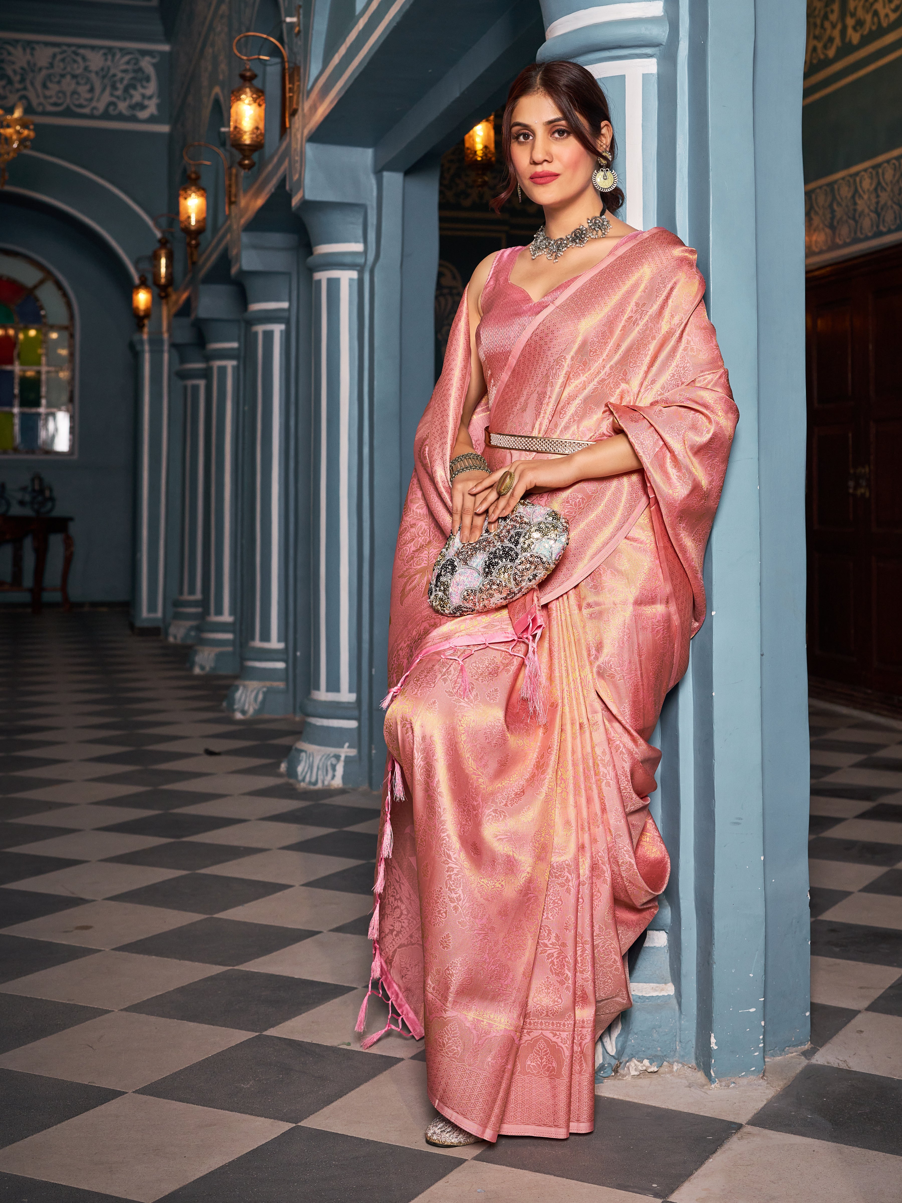 Designer Banarasi Soft Silk Saree With Pure Golden Zari Border And Blouse