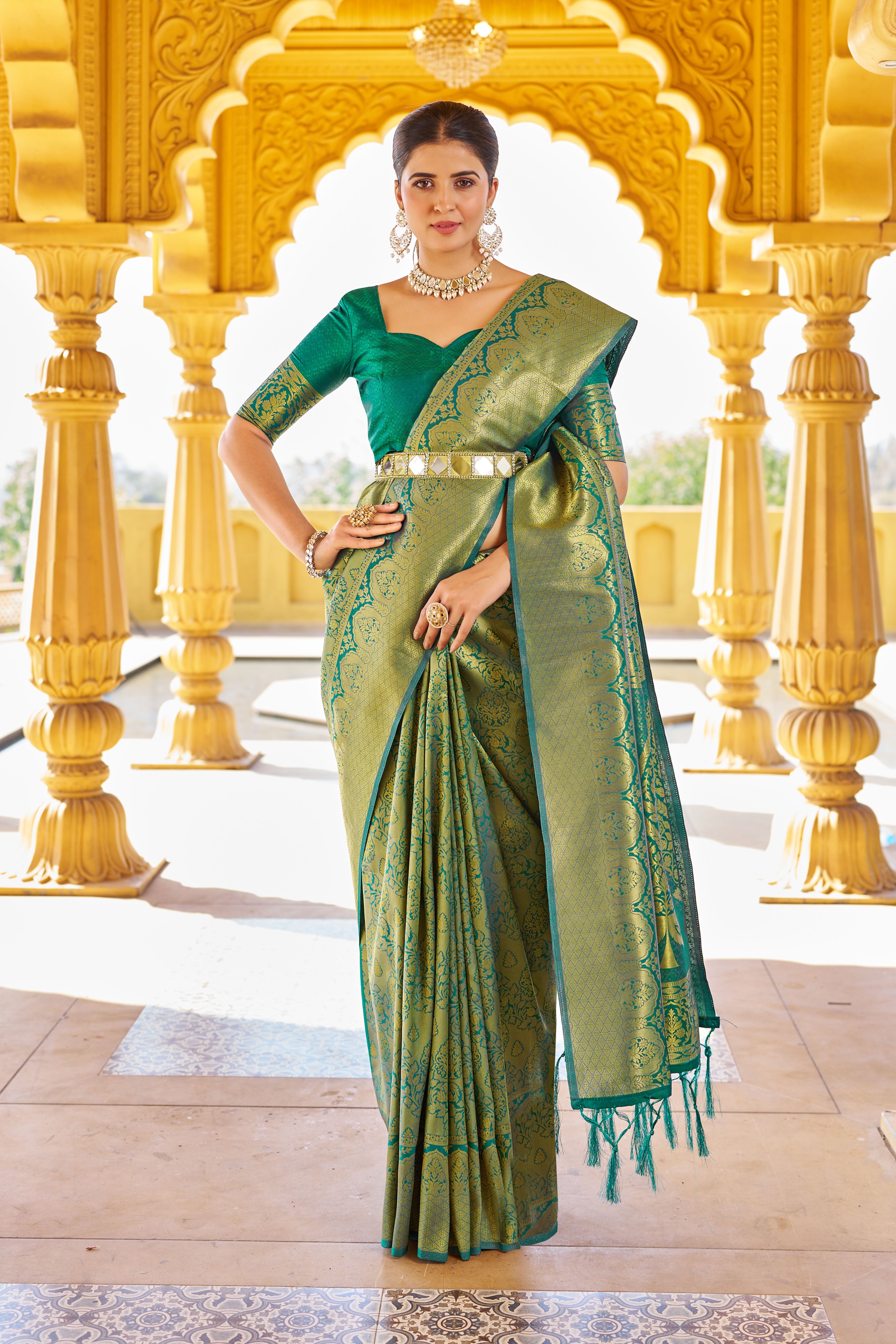 Designer Banarasi Soft Silk Saree With Pure Golden Zari Border And Blouse