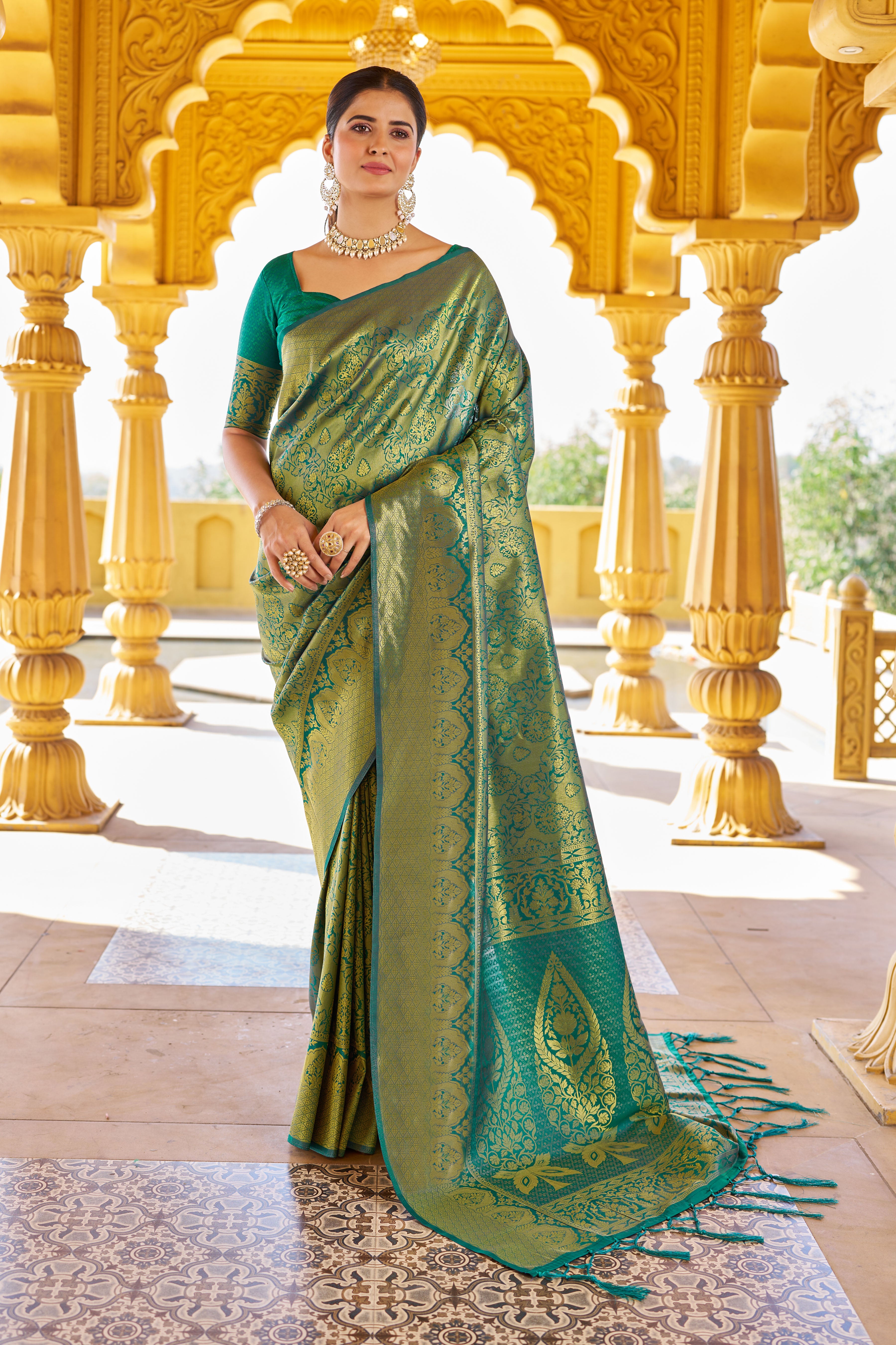 Designer Banarasi Soft Silk Saree With Pure Golden Zari Border And Blouse