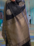 Vsaree Black Linen Silk Saree With Pure Golden Zari Border And Blouse