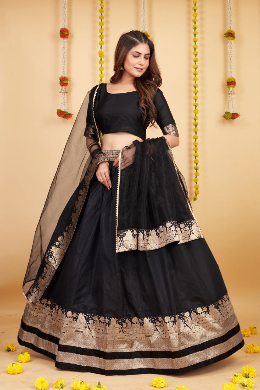 WOMEN'S BLACK SOFT SILK WEAVING WITH ZARI WORK PARTY WEAR LEHENGA