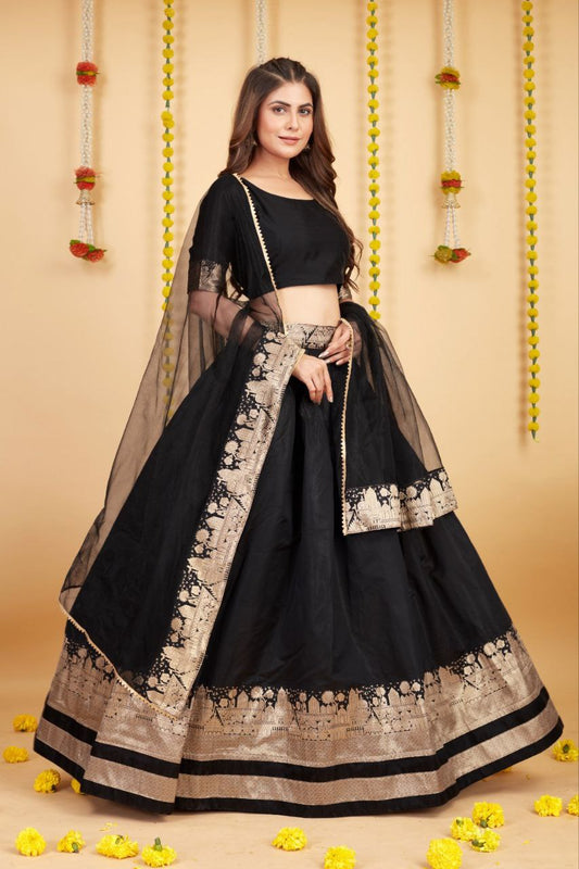 WOMEN'S BLACK SOFT SILK WEAVING WITH ZARI WORK PARTY WEAR LEHENGA