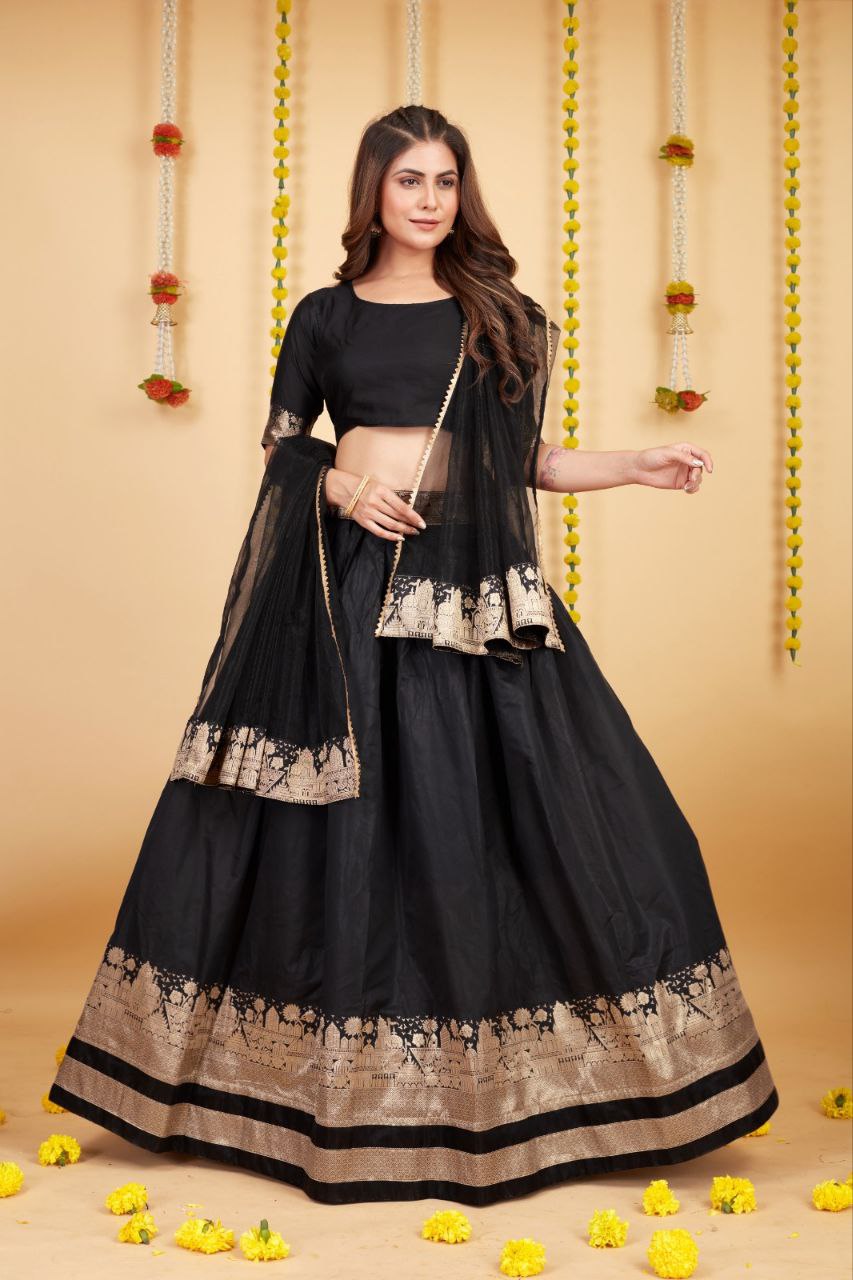 WOMEN'S BLACK SOFT SILK WEAVING WITH ZARI WORK PARTY WEAR LEHENGA