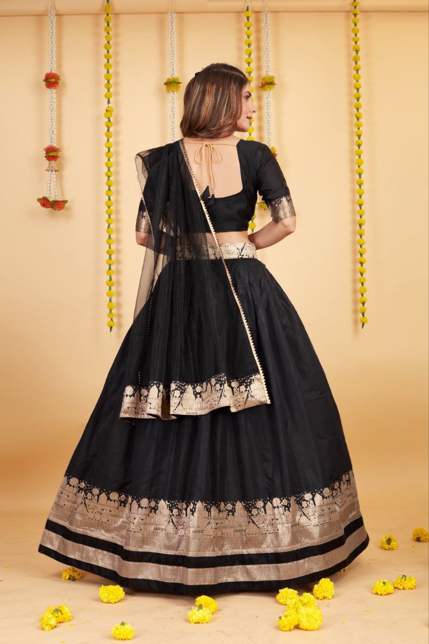 WOMEN'S BLACK SOFT SILK WEAVING WITH ZARI WORK PARTY WEAR LEHENGA