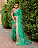 Designer Ikkat Patola Silk Kanchi And Contrast Zari Weaving Border Saree With Blouse