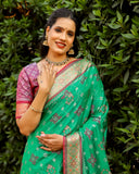 Designer Ikkat Patola Silk Kanchi And Contrast Zari Weaving Border Saree With Blouse