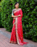 Designer Ikkat Patola Silk Kanchi And Contrast Zari Weaving Border Saree With Blouse