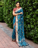 Designer Ikkat Patola Silk Kanchi And Contrast Zari Weaving Border Saree With Blouse