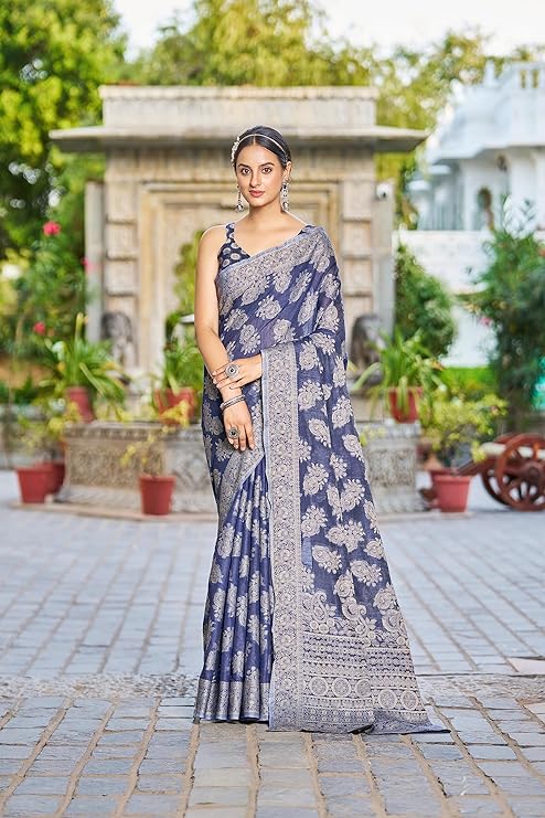 Vsaree Blue Linen Cotton Saree Zari Weaving Border And Fancy Pallu With Blouse