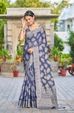 Vsaree Blue Linen Cotton Saree Zari Weaving Border And Fancy Pallu With Blouse