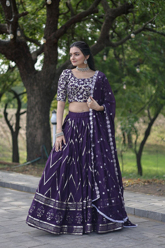 WOMEN'S FAUX GEORGETTE DESIGNER LONG LEHENGA CHOLI IN PURPLE AND VIOLET WITH EMBROIDERED WORK