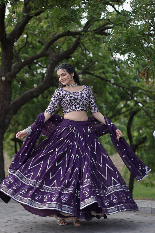 WOMEN'S FAUX GEORGETTE DESIGNER LONG LEHENGA CHOLI IN PURPLE AND VIOLET WITH EMBROIDERED WORK