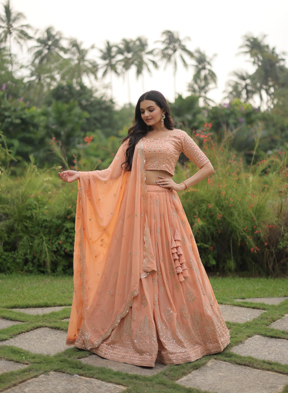 WOMEN'S FAUX GEORGETTE WEDDING LEHENGA IN PEACH AND MAJENTA WITH ZARI WORK