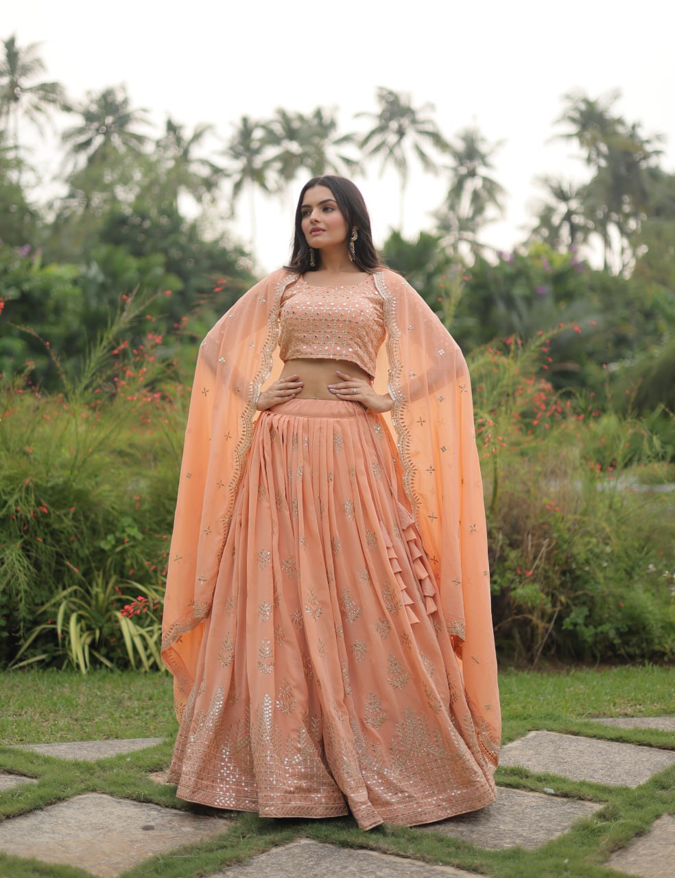 WOMEN'S FAUX GEORGETTE WEDDING LEHENGA IN PEACH AND MAJENTA WITH ZARI WORK