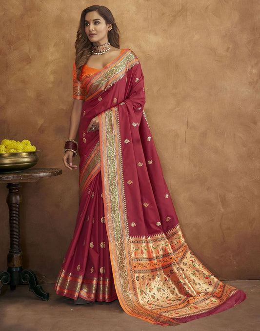 Vsaree Maroon Soft Paithani Silk Saree with Heavy Rich Pallu And Blouse