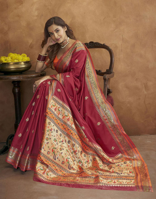 Vsaree Maroon Soft Paithani Silk Saree with Heavy Rich Pallu And Blouse