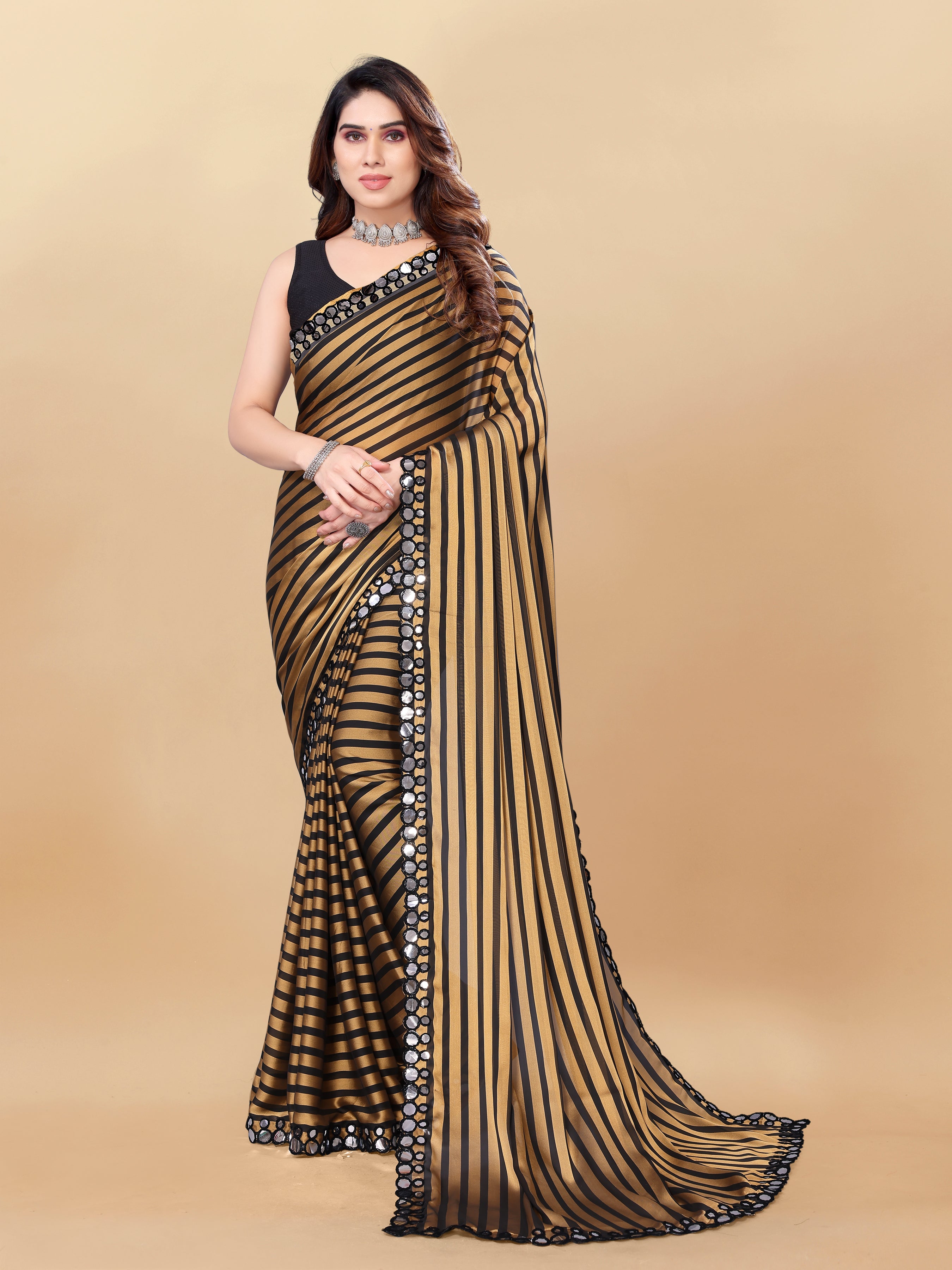 Vsaree Gold Satin Silk Saree With Mirror Border And Leriya Pallu And Blouse