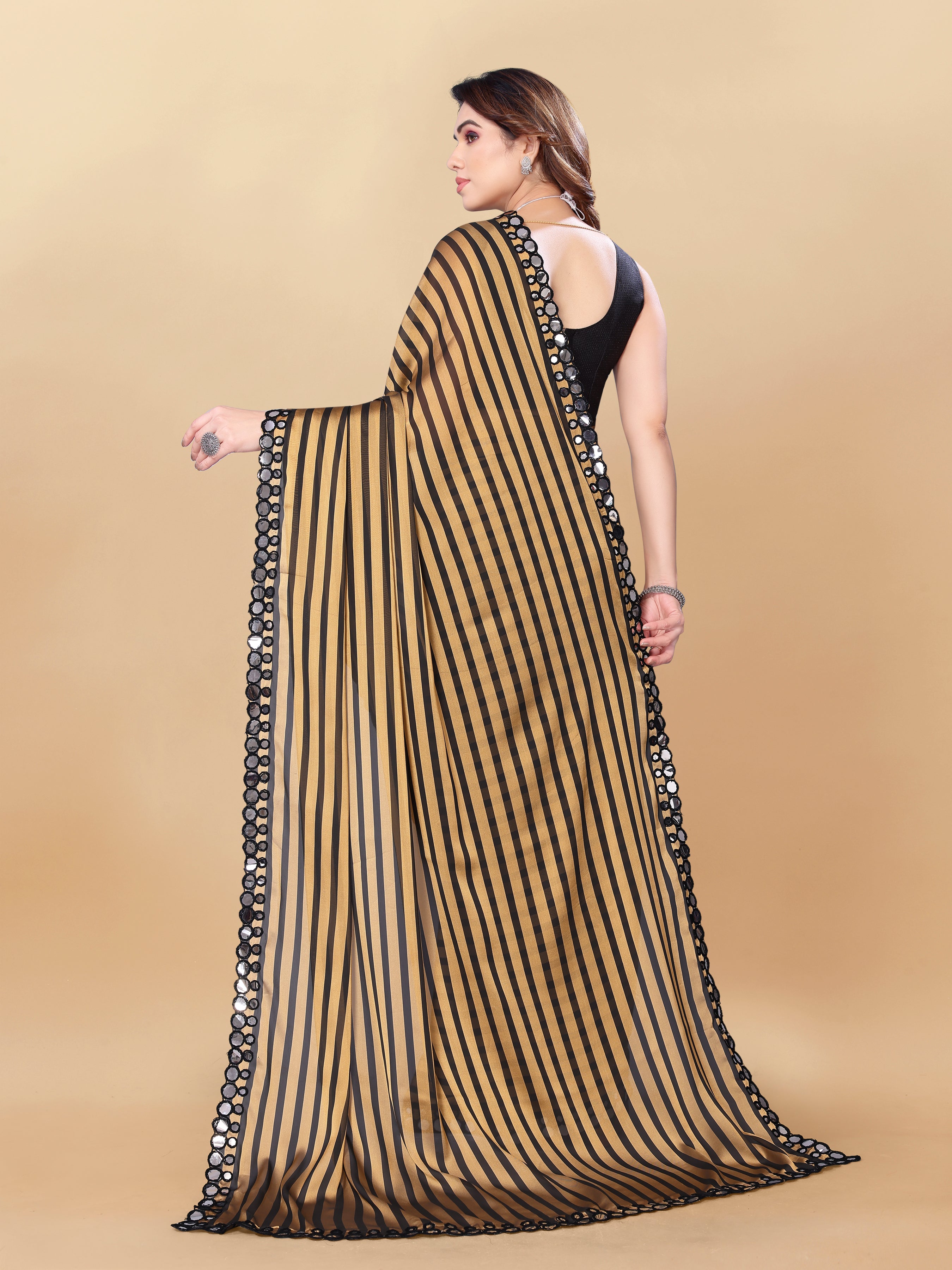 Vsaree Gold Satin Silk Saree With Mirror Border And Leriya Pallu And Blouse