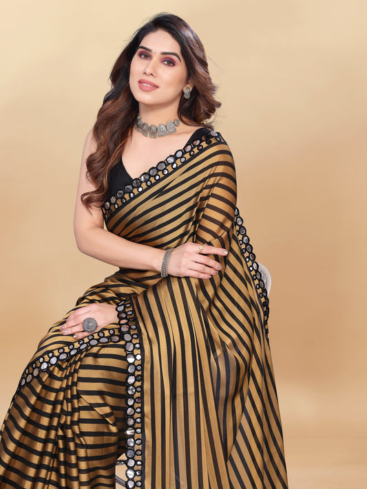 Vsaree Gold Satin Silk Saree With Mirror Border And Leriya Pallu And Blouse