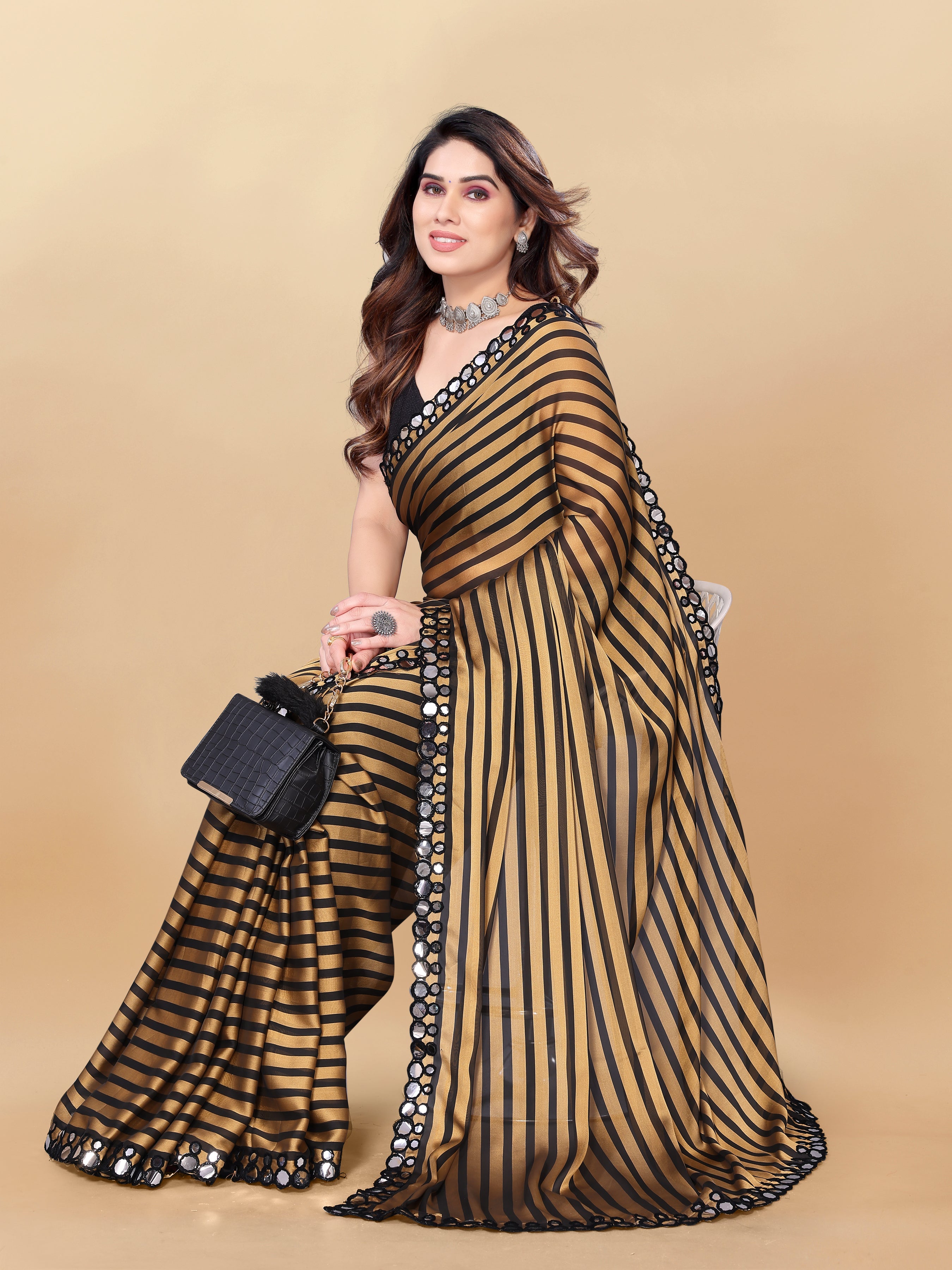 Vsaree Gold Satin Silk Saree With Mirror Border And Leriya Pallu And Blouse