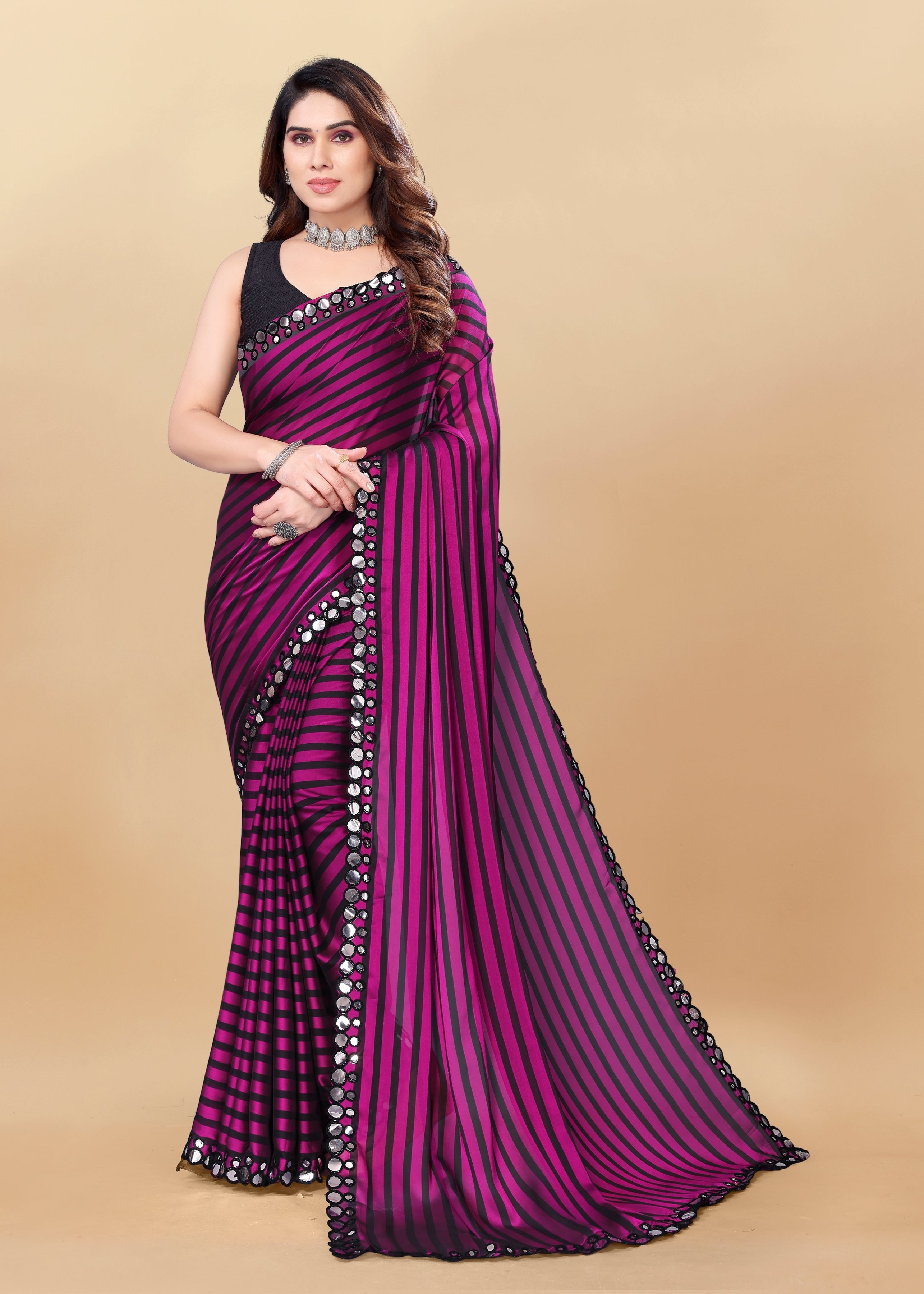 Vsaree Purple Satin Silk Saree With Mirror Border And Leriya Pallu And Blouse