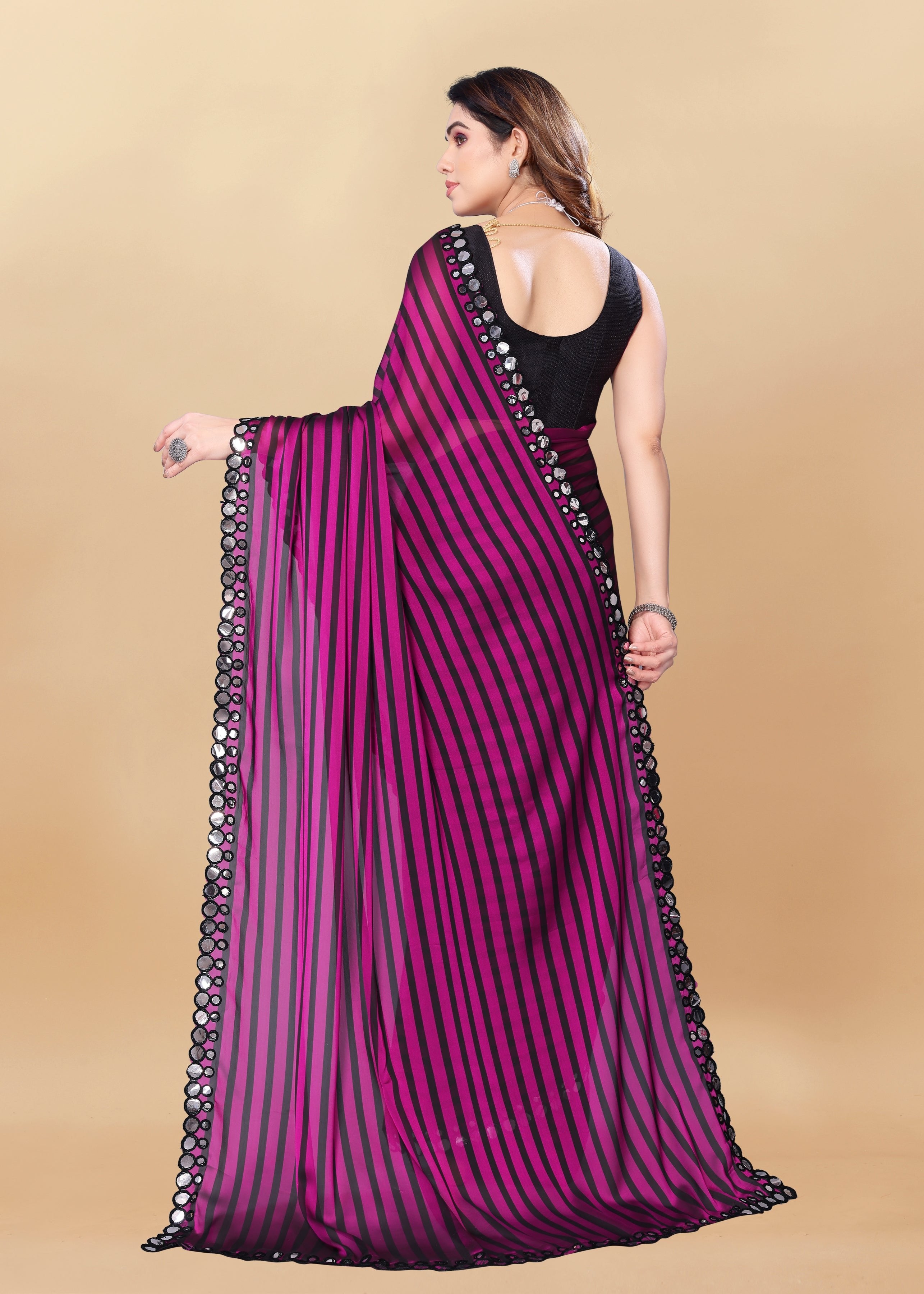 Vsaree Purple Satin Silk Saree With Mirror Border And Leriya Pallu And Blouse