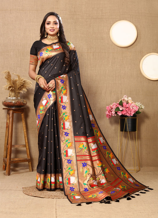 Vsaree Black Paithani Silk Flower Border And Zari Weaving Rich Pallu With Blouse