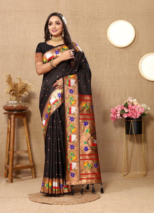 Vsaree Black Paithani Silk Flower Border And Zari Weaving Rich Pallu With Blouse