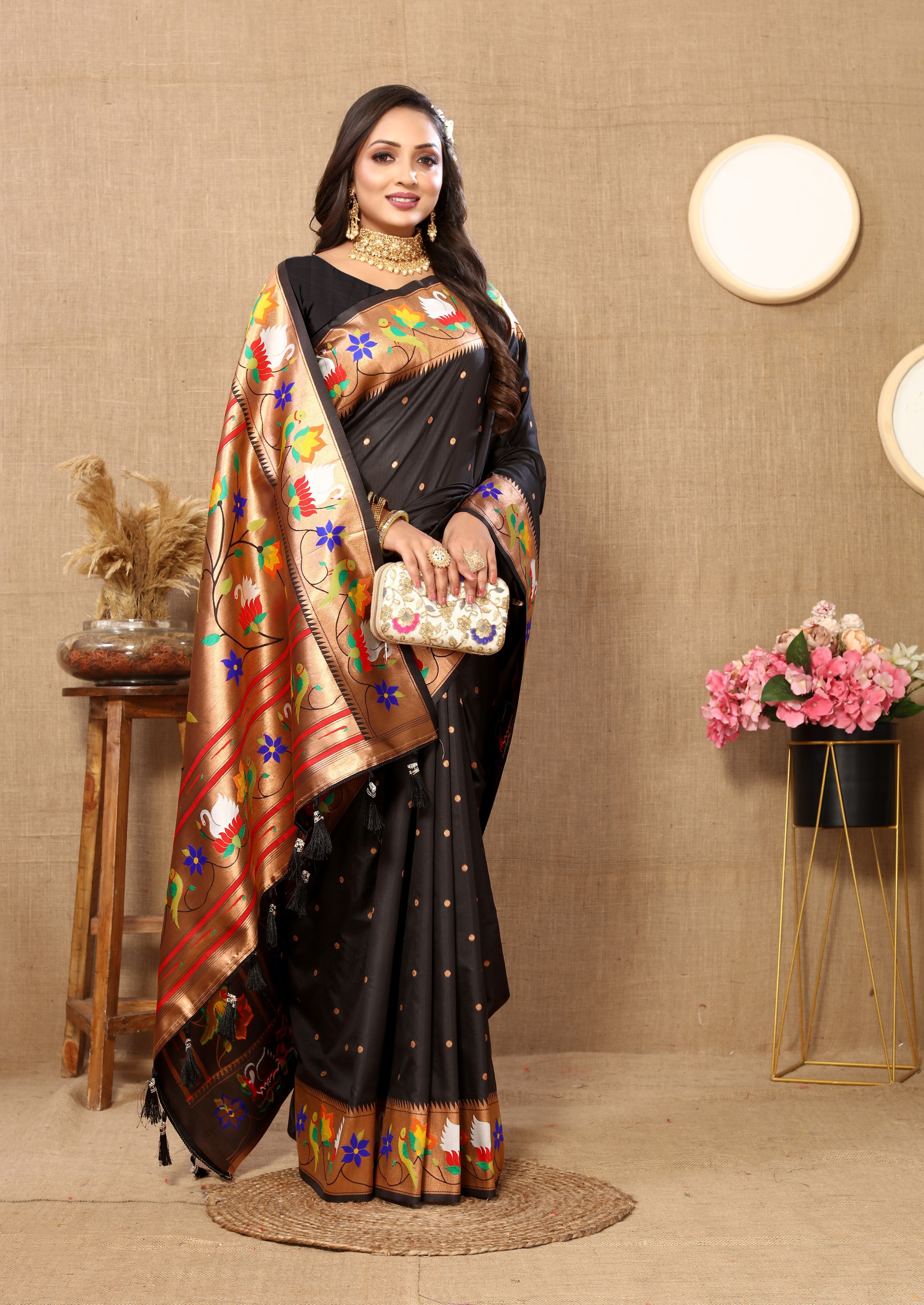 Vsaree Black Paithani Silk Flower Border And Zari Weaving Rich Pallu With Blouse