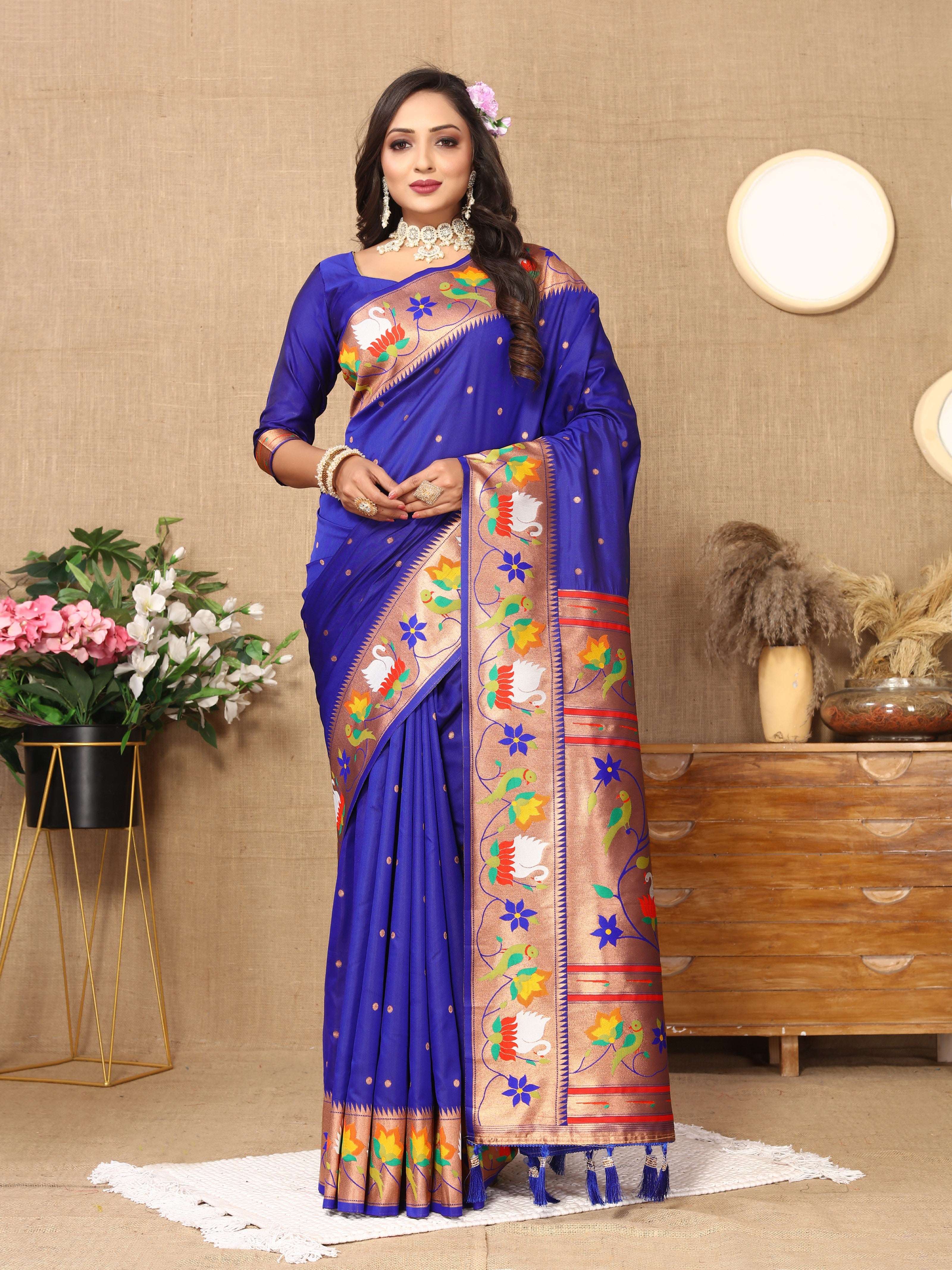 Vsaree Blue Paithani Silk Flower Border And Zari Weaving Rich Pallu With Blouse