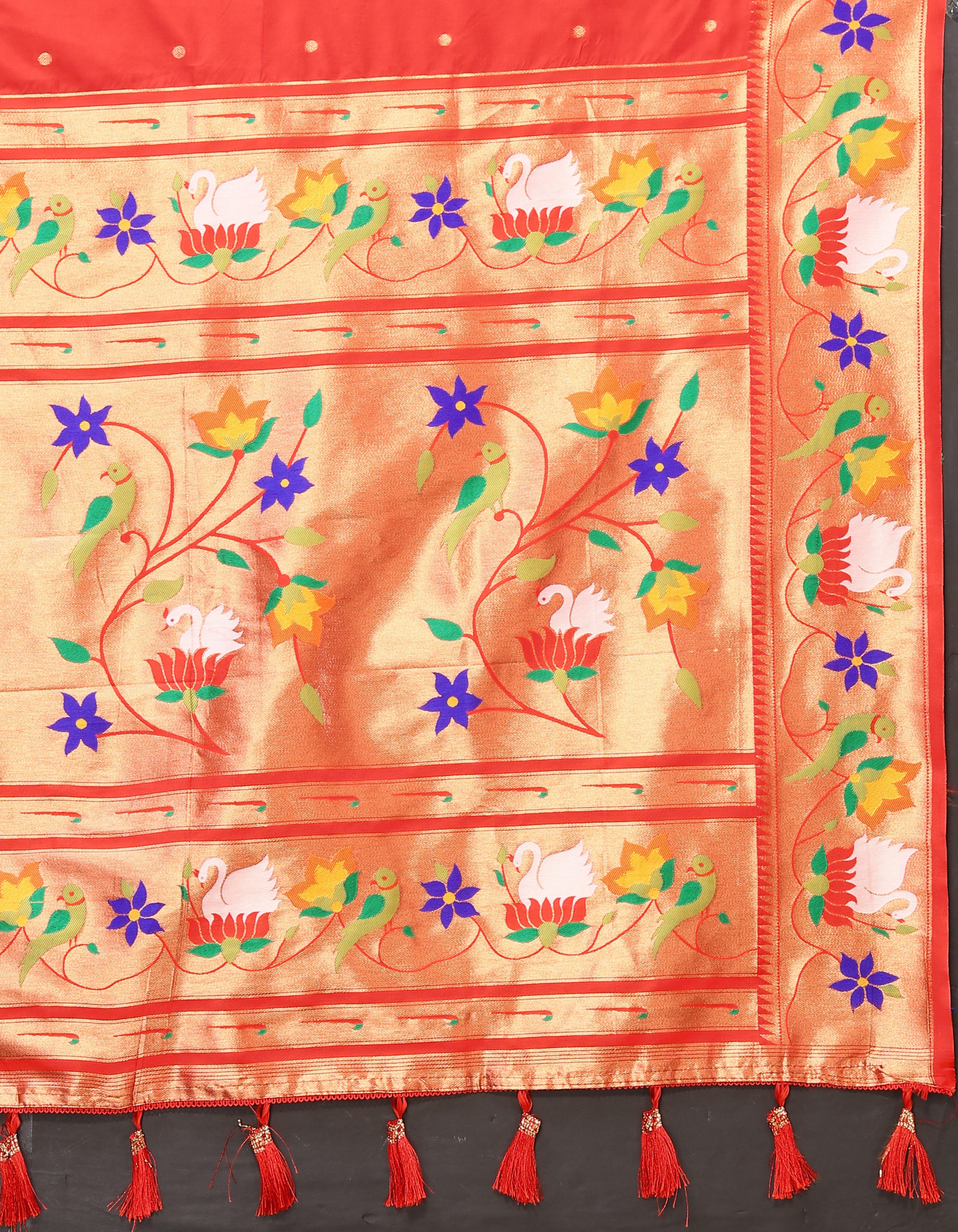 Vsaree Dark Orange Paithani Silk Flower Border And Zari Weaving Rich Pallu With Blouse