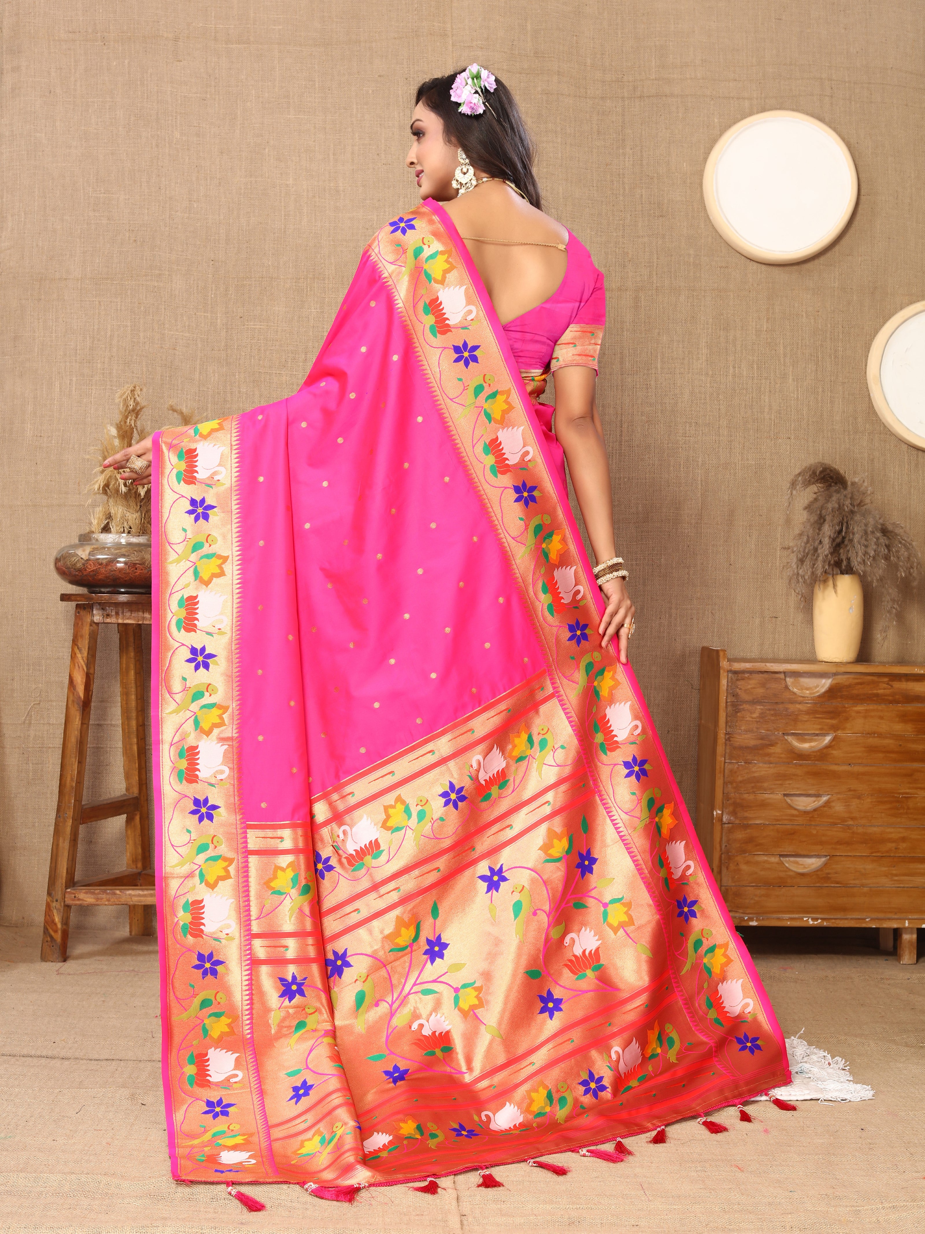 Vsaree Pink Paithani Silk Flower Border And Zari Weaving Rich Pallu With Blouse