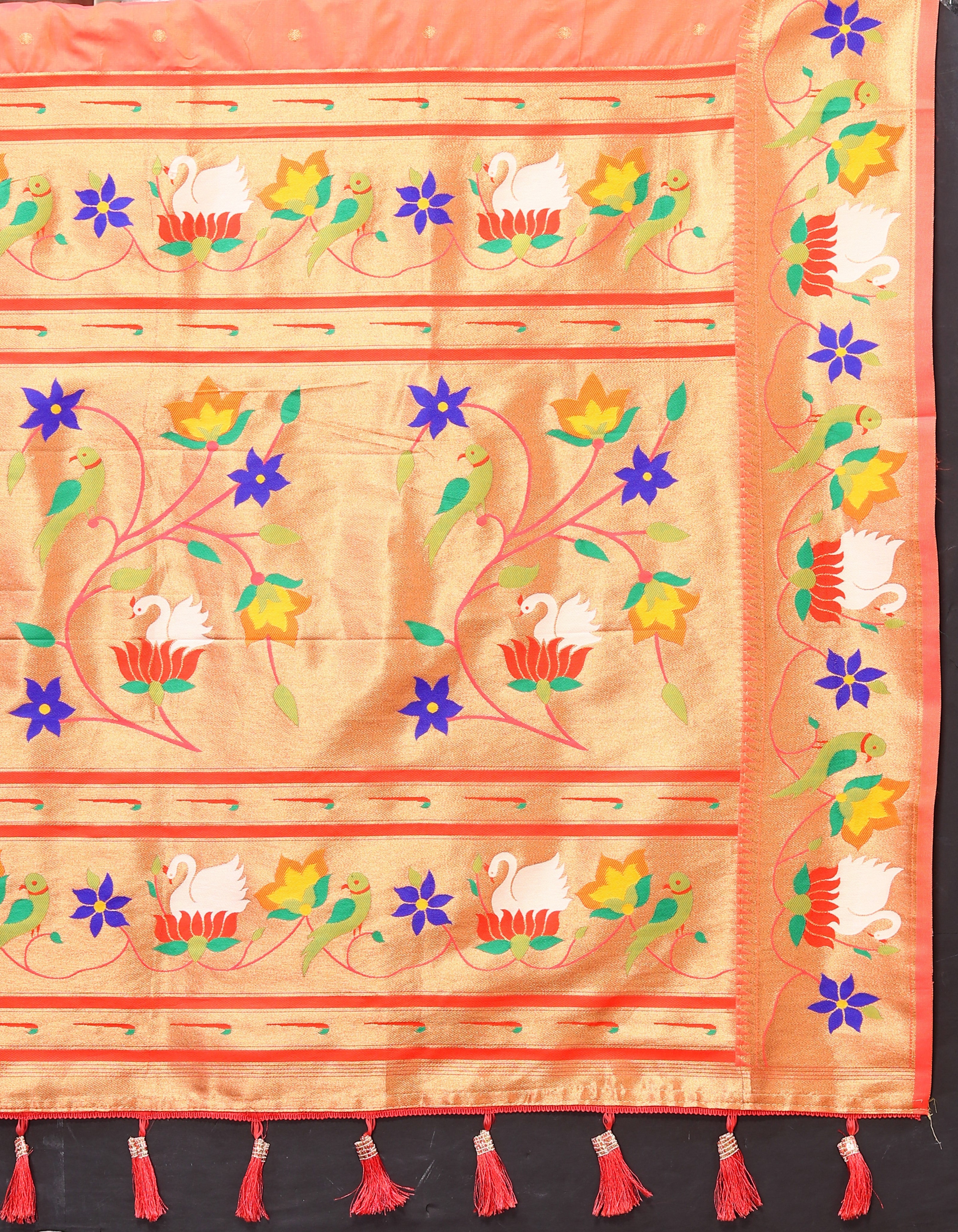 Vsaree Orange Paithani Silk Flower Border And Zari Weaving Rich Pallu With Blouse