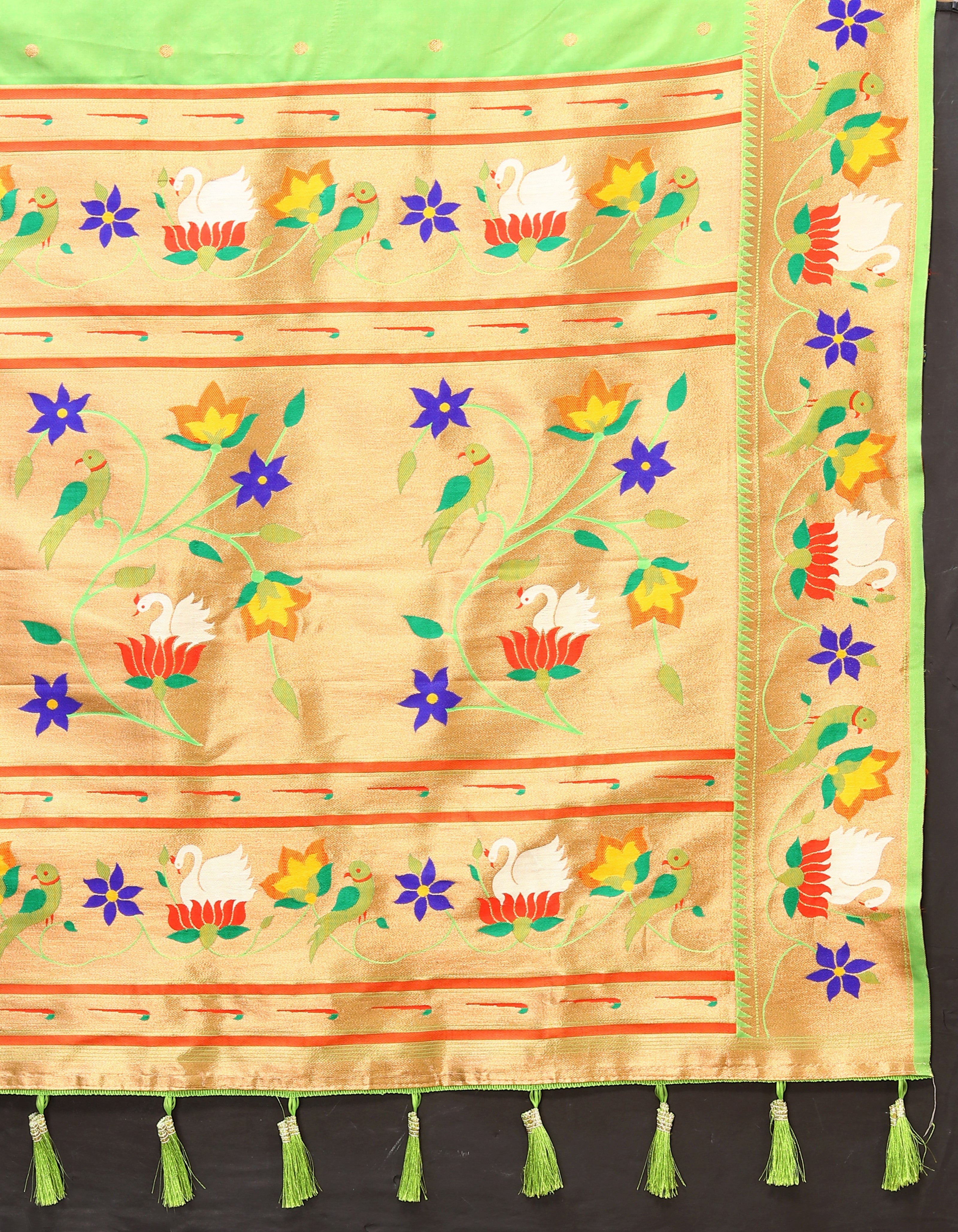 Vsaree Parrot Green Paithani Silk Flower Border And Zari Weaving Rich Pallu With Blouse